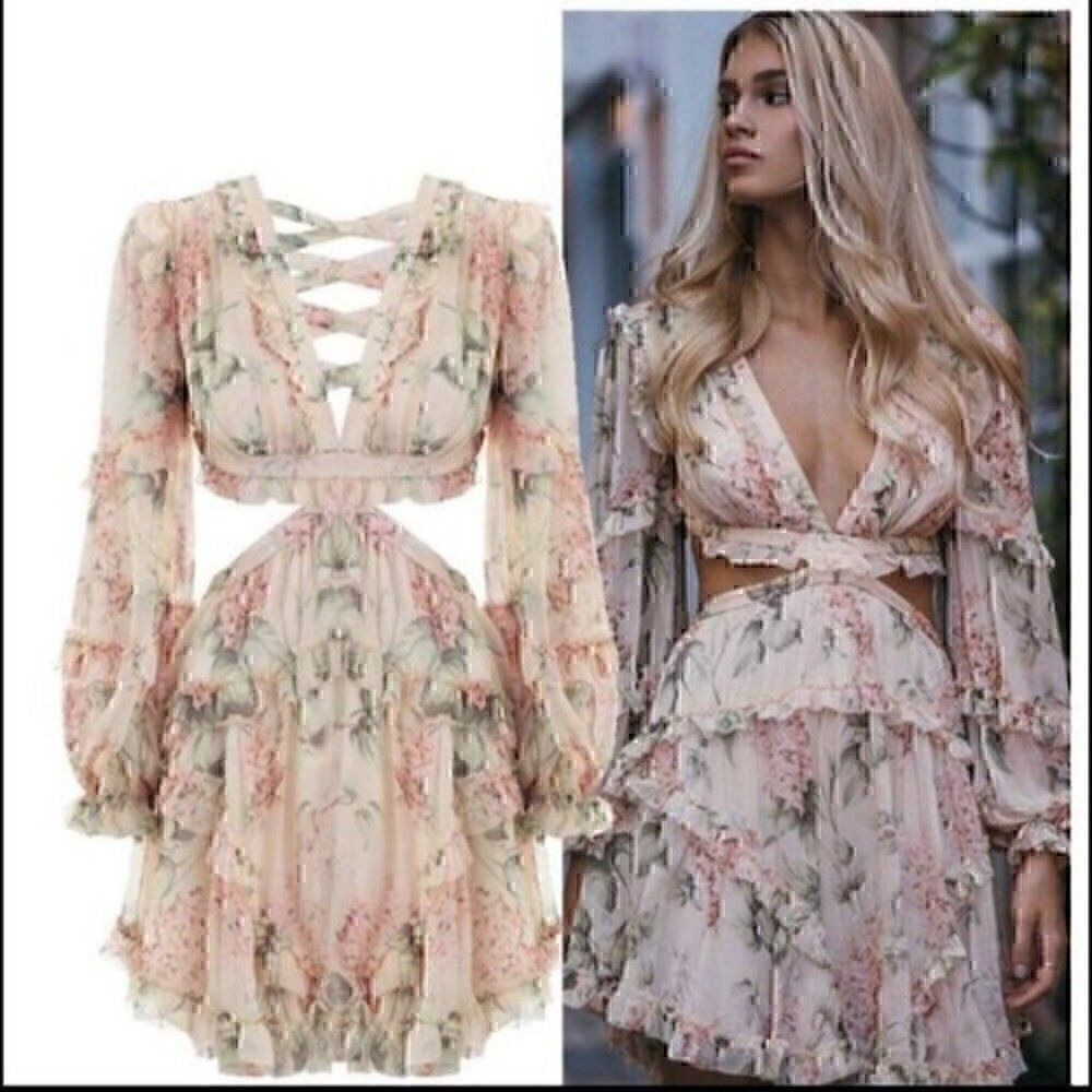 Pink Bohemian Spring Summer Lace up Back Floral Ruffle Backless Mini Dress XXL - Picture 3 of 16